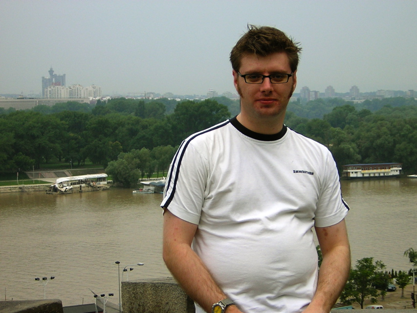 Belgrade - James with crashed boat on Sava River